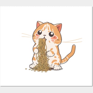 Kawaii Cat Eating Spaghetti Funny Cat Lover Posters and Art